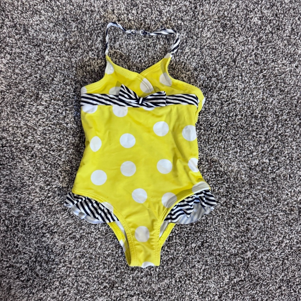 Yellow Polka Dot Swimsuit with Striped Accents
